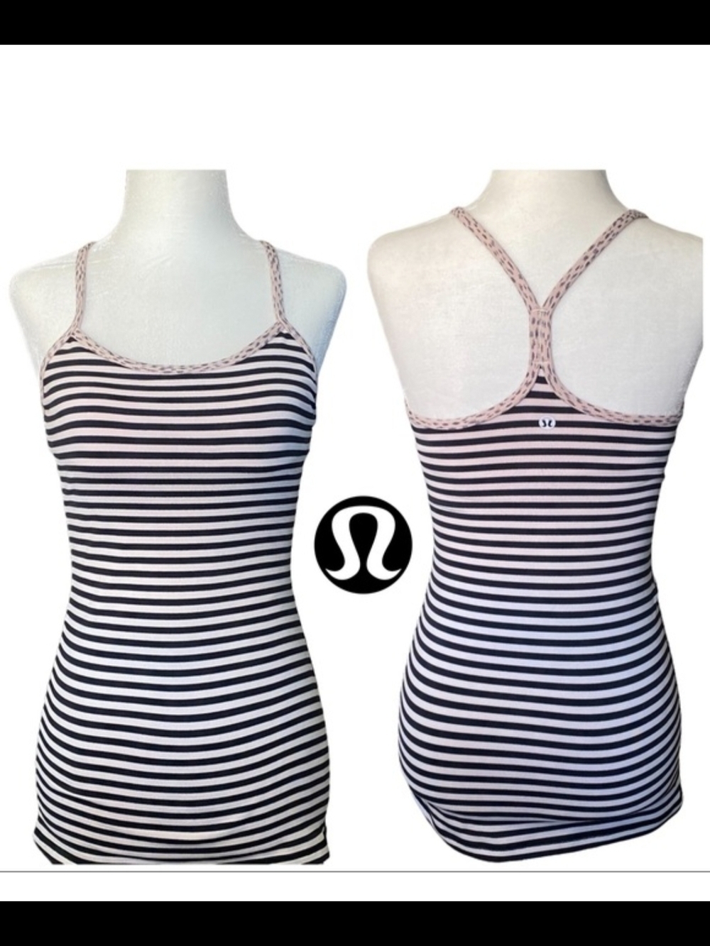 Lululemon Striped Racerback POWER Y Tank Top - Black & White with Blush Trim
